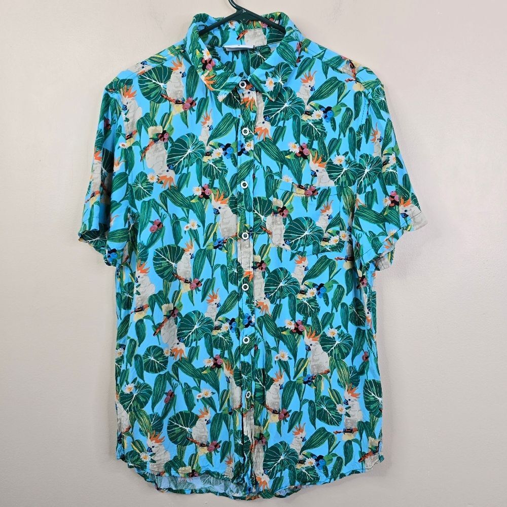 Cove Mens Short Sleeve Tropical Cockatoo Print Button Down Shirt Medium